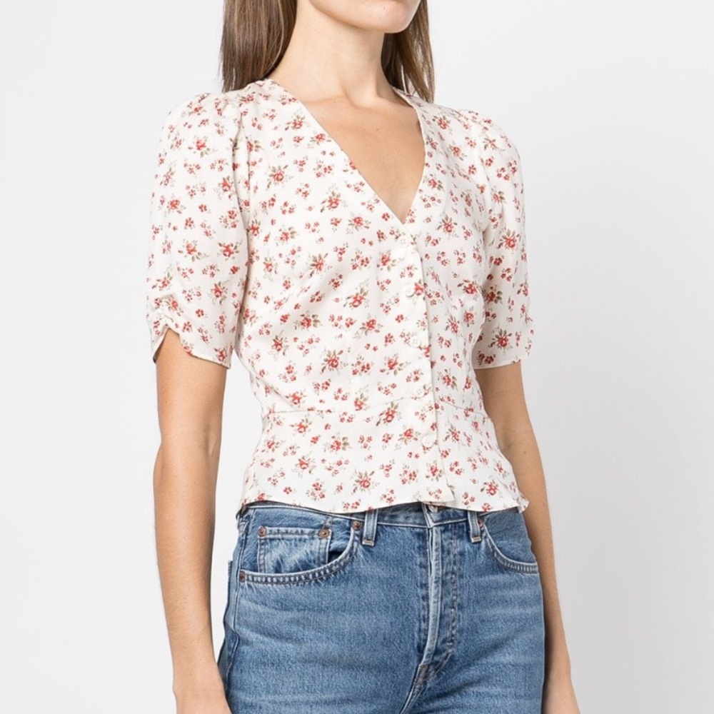 Reformation Cream Floral V-Neck Button Front Blouse